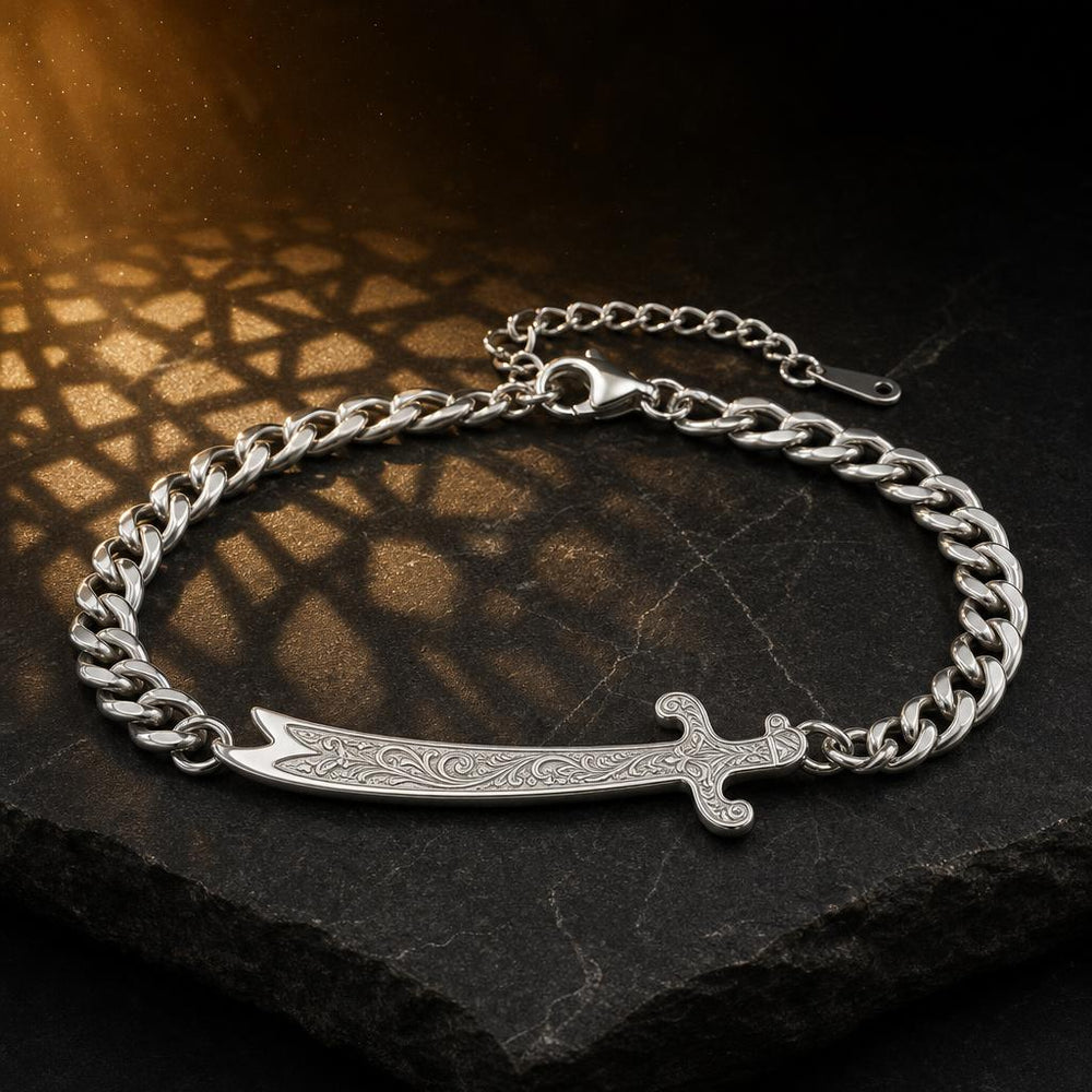 Zulfiqar bracelet, silver-tone curb chain with engraved sword plate