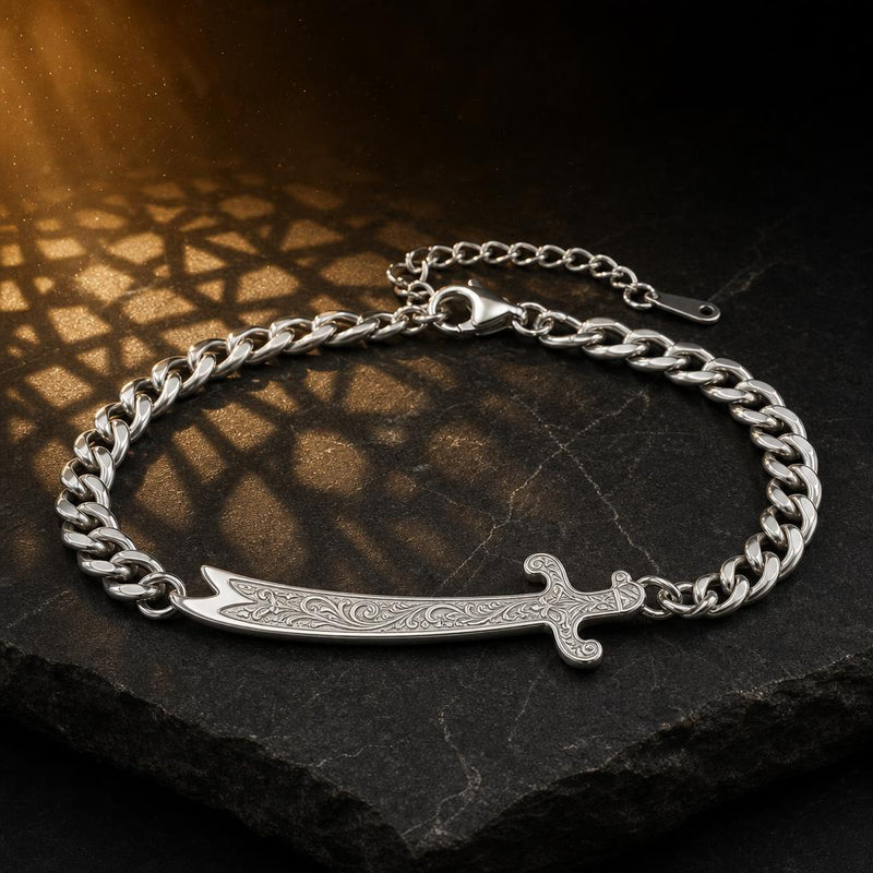 Zulfiqar bracelet, silver-tone curb chain with engraved sword plate