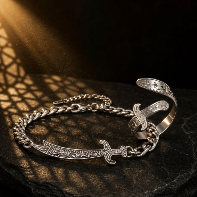 The Zulfiqar set: silver chain bracelet and ring